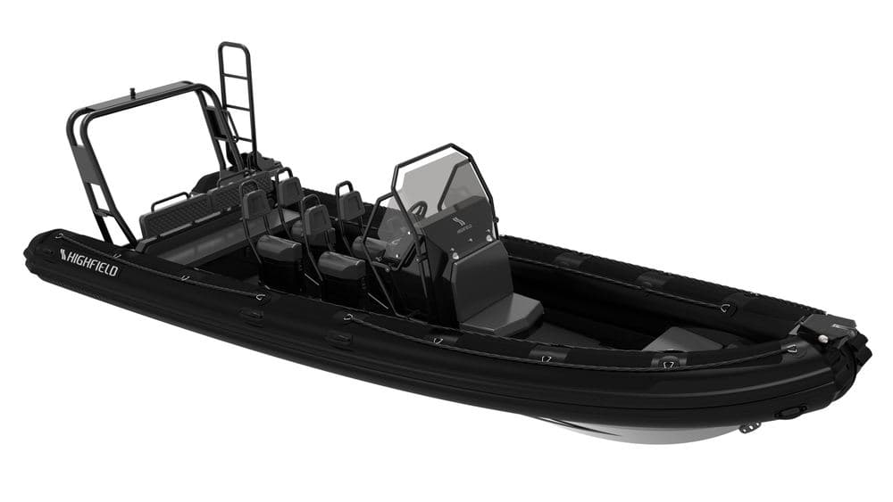 A Highfield Patrol RIB in black, studio view