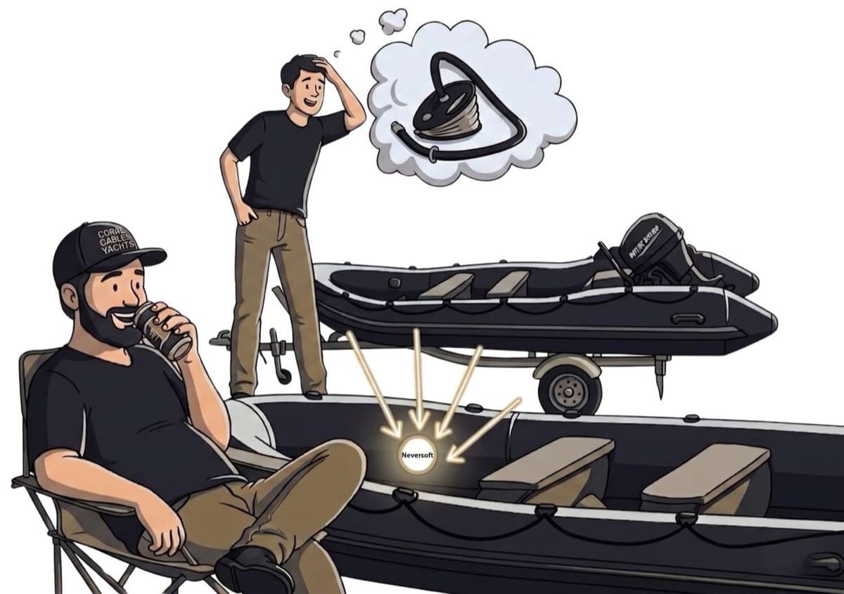 Illustration: one boat owner relaxes beside an inflatable fitted with a Neversoft cap while another stands by his trailer thinking about a foot pump.